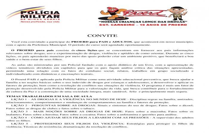 CONVITE – TODOS OS PAIS E RESPONSÁVEIS PARA PARTICIPAR DO 1º CURSO PROERD PAIS